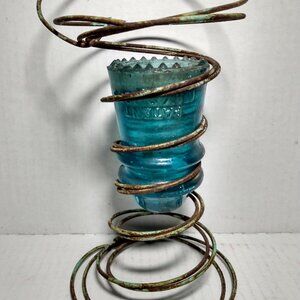 Antique Bed Spring Vase With Rare HemingRay Glass Phone Insulator Patent 1893